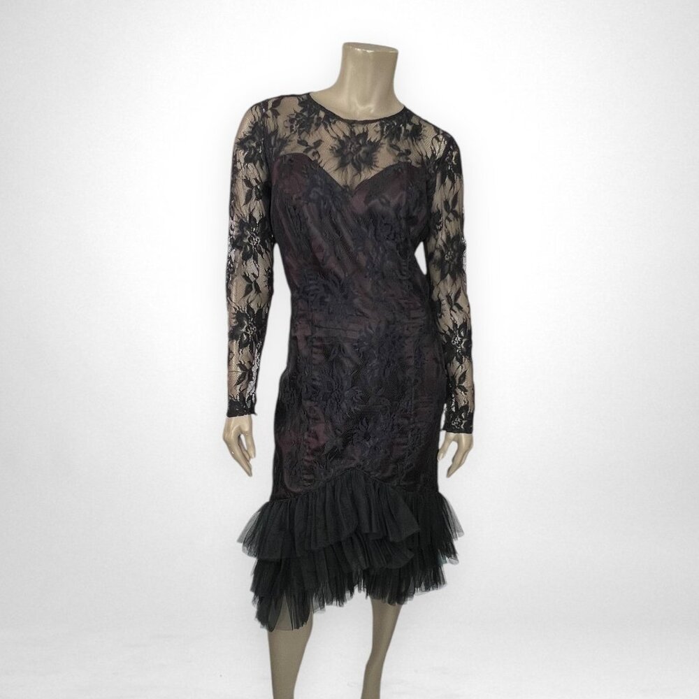 Vintage NEWLEAF Black Lace Drop Waist‎ Open Back Dress M